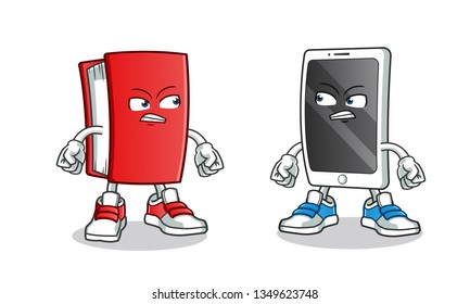 smartphone vs book mascot vector cartoon illustration