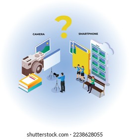 Smartphone VS Digital Camera isometric 3d vector illustration concept for banner, website, illustration, landing page, flyer, etc.