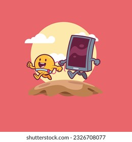 Smartphone walking an emoji smiling vector illustration. Tech, communication, funny design concept.
