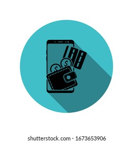 Smartphone, Wallet, Bank Card Long Shadow Icon. Simple Glyph, Flat Vector Of Mobile Concept Icons For Ui And Ux, Website Or Mobile Application