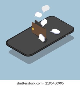Smartphone. Wallet with falling  speech bubbles on the screen. Blue background. Colored illustration. Isometric illustration