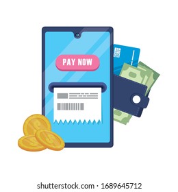 smartphone with wallet money and credit card vector illustration design