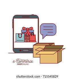 smartphone with wallpaper inside of set gift and bag shopping with packages and textbox e-commerce shop online on white background vector illustration