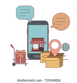 smartphone with wallpaper inside of store house and freight cart with gift e-commerce shop online on white background vector illustration