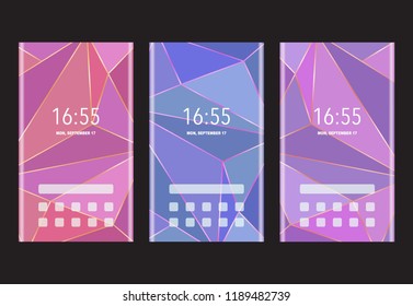 Smartphone wallpaper themes set, vector illustration, front view. Abstract pink and violet low poly triangles, vivid colors, geometric motion design.