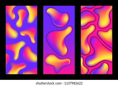 Smartphone wallpapers and gradient shapes  Neon fluid vibrant vector abstraction  Iphone X trendy wallpaper  Vertical card set and violet pink 3d shapes  Color blots floating gradient background