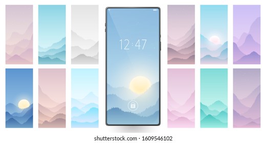 Smartphone wallpapers set. Abstract backgrounds. Smartphone vector mockup. Smartphone wallpapers. Mountain landscapes collection. Graphic silhouettes of hill tops covered with fog.