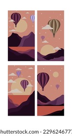 Papel de escritorio para smartphone. Antecedentes abstractos. Parodia del vector del Smartphone. Fondos de pantalla de Smartphone. Colección de paisajes de montaña. Siluetas gráficas de las cumbres de las colinas cubiertas de globo de aire.