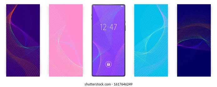 Smartphone wallpapers set. Waves motion futurictic backgrounds. Abstract dots. Smartphone vector mockup.