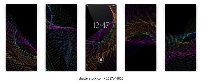 Smartphone wallpapers set. Waves motion futurictic backgrounds. Abstract dots. Smartphone vector mockup.