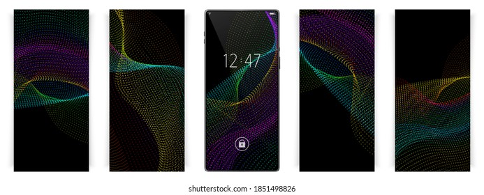 Bildschirmhintergrund für Smartphone. Waves Motion futurictic Hintergründe. Abstrakte Punkte. Smartphone-Vektorgrafik-Modell.