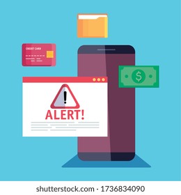 smartphone with warning notification and icons vector illustration design
