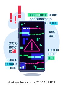 Smartphone with warning sign on screen vector illustration. Mobile phone crashing and slowdowning. Binary code on background. Old phone, repair service concept