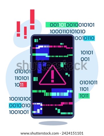 Smartphone with warning sign on screen vector illustration. Mobile phone crashing and slowdowning. Binary code on background. Old phone, repair service concept