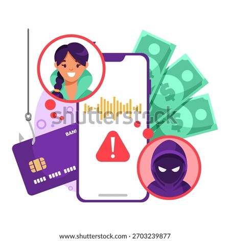 Smartphone with warning symbol, hacker icon, and phishing credit card on white background, concept of online scam and cyber fraud. Vector illustration