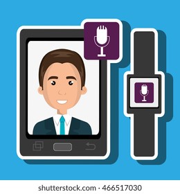 smartphone and watch device with a cartoon man in the screen with media icon over blue background