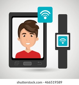 smartphone and watch device with a cartoon man in the screen with media icon over white background