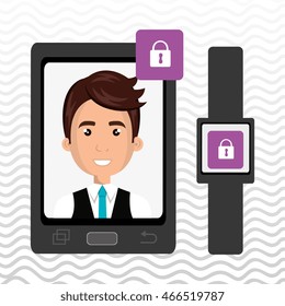 smartphone and watch device with a cartoon man in the screen with media icon over pattern background