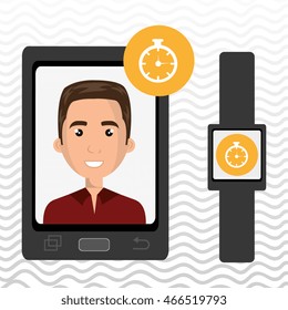 smartphone and watch device with a cartoon man in the screen with media icon over pattern background