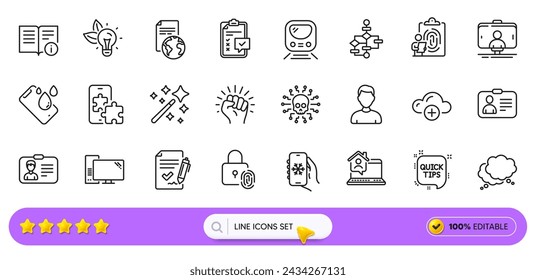 Smartphone waterproof, Block diagram and Fingerprint lock line icons for web app. Pack of Computer, Metro, Technical info pictogram icons. Checklist, Eco energy, Empower signs. Search bar. Vector