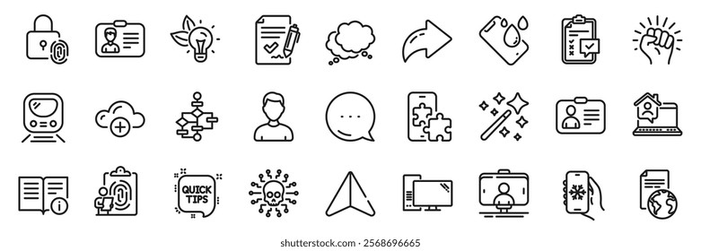 Smartphone waterproof, Block diagram and Fingerprint lock line icons pack. Share, Message, Paper plane icons. Computer, Metro, Technical info web icon. Checklist, Eco energy, Empower pictogram. Vector