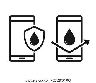 Smartphone waterproof icon. Mobile phone with drop water and shield icon. Waterproof phone. Illustration vector