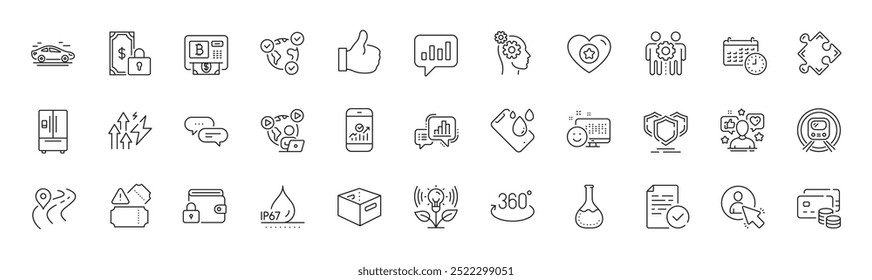 Smartphone à prova d'água, bloqueio e metrô ícones linha. Pack of User, Money, Bitcoin ícone atm. Rotação completa, mensagem de pontos, pictograma de trabalho em equipe de funcionários. Pagamento privado. Ícones de linha. Vetor