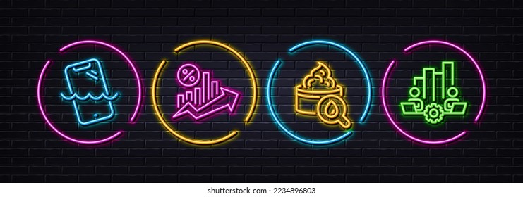 Smartphone waterproof, Moisturizing cream and Loan percent minimal line icons. Neon laser 3d lights. Teamwork chart icons. For web, application, printing. Phone, Face lotion, Growth chart. Vector