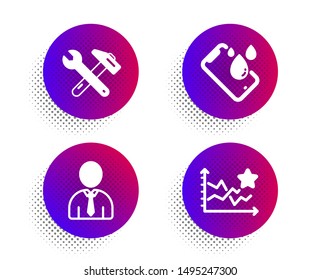 Smartphone waterproof, Spanner tool and Human icons simple set. Halftone dots button. Ranking stars sign. Phone, Repair, Person profile. Winner results. Business set. Vector