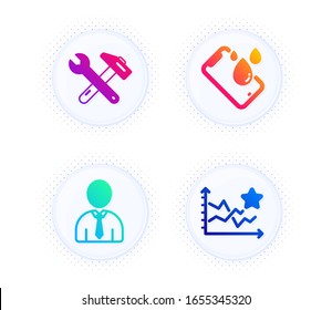 Smartphone waterproof, Spanner tool and Human icons simple set. Button with halftone dots. Ranking stars sign. Phone, Repair, Person profile. Winner results. Business set. Vector
