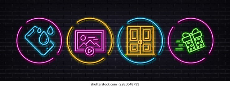Smartphone impermeable, presentación de inicio e iconos de línea mínima de puerta. Luces 3d láser neón. Presentar iconos de entrega. Para web, aplicación, impresión. Teléfono, Reproducir fotos, Puerta de entrada. Vector