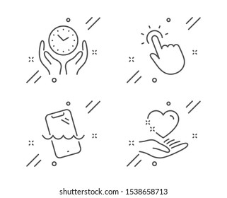 Smartphone waterproof, Touchpoint and Safe time line icons set. Hold heart sign. Phone, Touch technology, Hold clock. Care love. Business set. Line smartphone waterproof outline icon. Vector