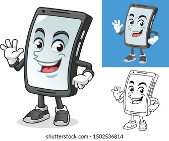 Smartphone with Waving Hand Cartoon Character Mascot Illustration, Including Flat and Black and White Designs, Vector Illustration, in Isolated White Background.