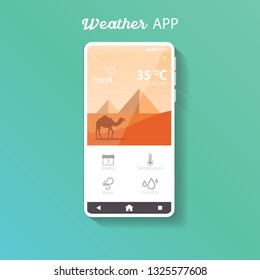Smartphone with weather app on the screen. Clean design template for mobile ui concept. Desert and camel as porto icon within it. Isolated in light green gradient background. Vector illustration.