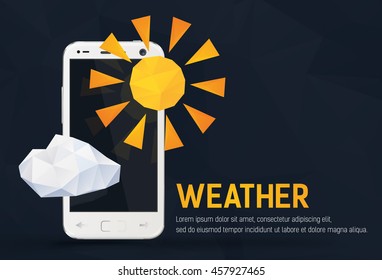 Smartphone with weather theme illustration, vector with phone and polygonal clouds with sun forecast concept