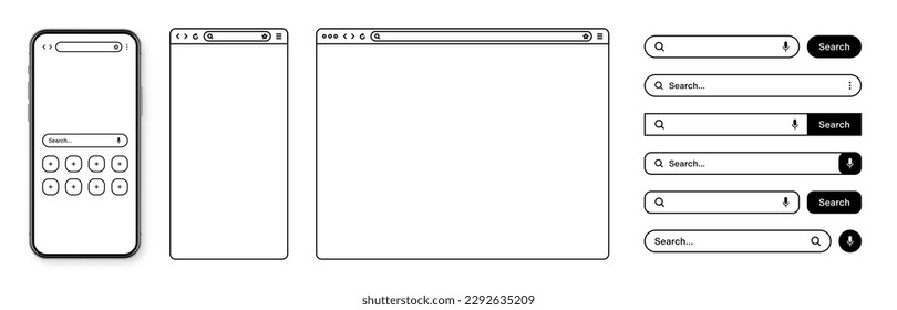 Smartphone, web browser, internet page window with toolbar and search bar, field. Modern website in flat style, line art. Blank browser mockup for computer, tablet and smartphone. Vector illustration