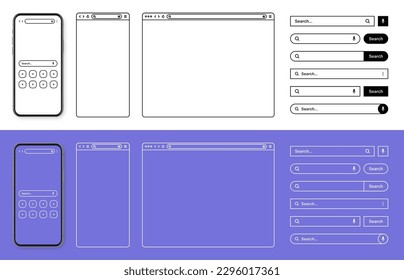 Smartphone, web browser, internet page window with toolbar and search bar, field. Modern website in flat style, line art. Blank browser mockup for computer, tablet and smartphone. Vector illustration