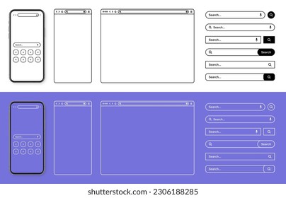 Smartphone, navegador web, ventana de página de internet con barra de herramientas y barra de búsqueda, campo. Moderno sitio web de estilo plano, arte en línea. Ilustración del vector