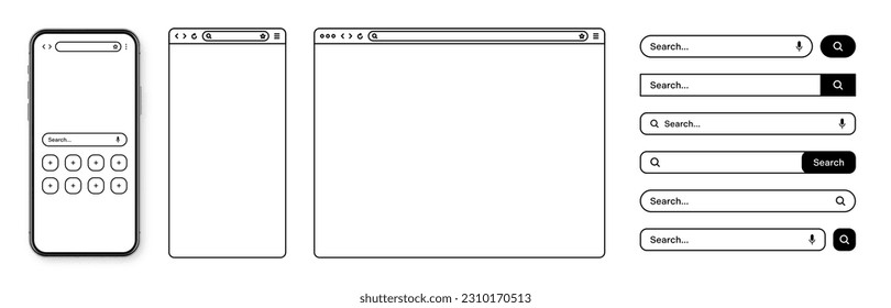 Smartphone, web browser, internet page window with toolbar and search bar, field. Modern website in flat style, line art. Blank browser mockup for computer, tablet and smartphone. Vector illustration