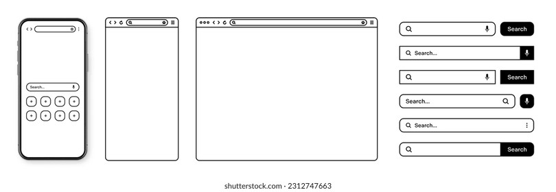 Smartphone, web browser, internet page window with toolbar and search bar, field. Modern website in flat style, line art. Blank browser mockup for computer, tablet and smartphone. Vector illustration