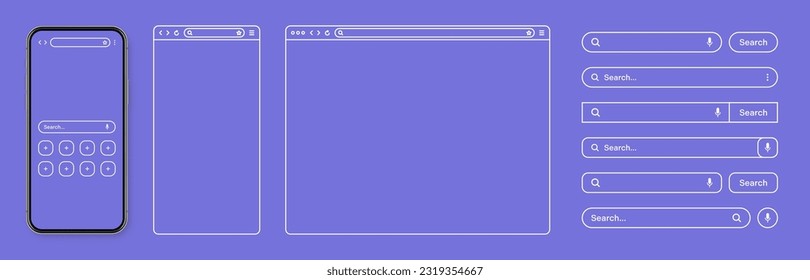 Smartphone, web browser, internet page window with toolbar and search bar, field. Modern website in flat style, line art. Blank browser mockup for computer, tablet and smartphone. Vector illustration