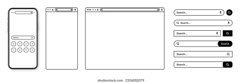 Smartphone, web browser, internet page window with toolbar and search bar, field. Modern website in flat style, line art. Blank browser mockup for computer, tablet and smartphone. Vector illustration