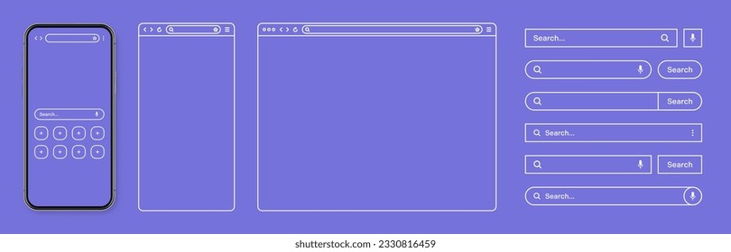 Smartphone, web browser, internet page window with toolbar and search bar, field. Modern website in flat style, line art. Blank browser mockup for computer, tablet and smartphone. Vector illustration