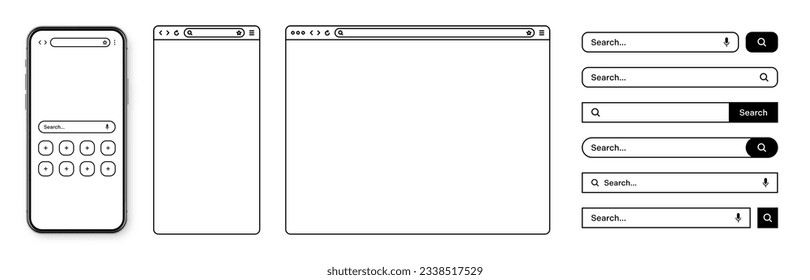 Smartphone, web browser, internet page window with toolbar and search bar, field. Modern website in flat style, line art. Blank browser mockup for computer, tablet and smartphone. Vector illustration