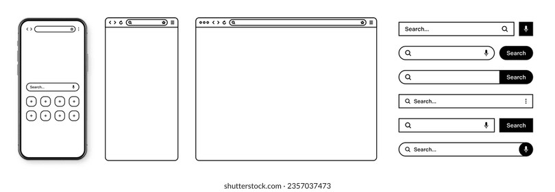 Smartphone, web browser, internet page window with toolbar and search bar, field. Modern website in flat style, line art. Blank browser mockup for computer, tablet and smartphone. Vector illustration