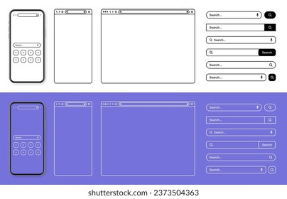 Smartphone, web browser, internet page window with toolbar and search bar, field. Modern website in flat style, line art. Blank browser mockup for computer, tablet and smartphone. Vector illustration