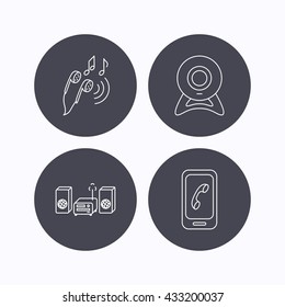 Smartphone, web camera and headphones icons. Music center linear sign. Flat icons in circle buttons on white background. Vector
