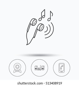 Smartphone, web camera and headphones icons. Music center linear sign. Linear icons in circle buttons. Flat web symbols. Vector