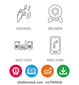 Smartphone, web camera and headphones icons. Music center linear sign. Award medal, growth chart and opened book web icons. Download arrow. Vector