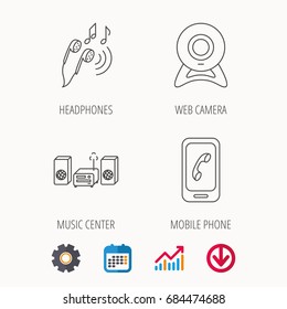 Smartphone, web camera and headphones icons. Music center linear sign. Calendar, Graph chart and Cogwheel signs. Download colored web icon. Vector